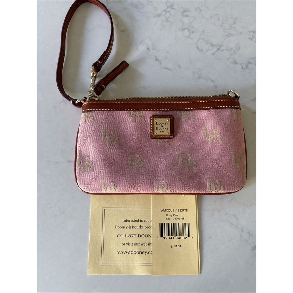 DOONEY & BOURKE Slim Wristlet DB Dusty PINK Signature Logo Jacquard Leather Trim